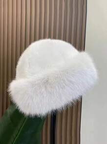 1pc Women Winter Warm Fluffy Bucket Hat, Fashionable Simplified Design Halloween