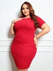 Women's Plus Size Casual Ribbed Premium Dress - 紅色 - 查看 8