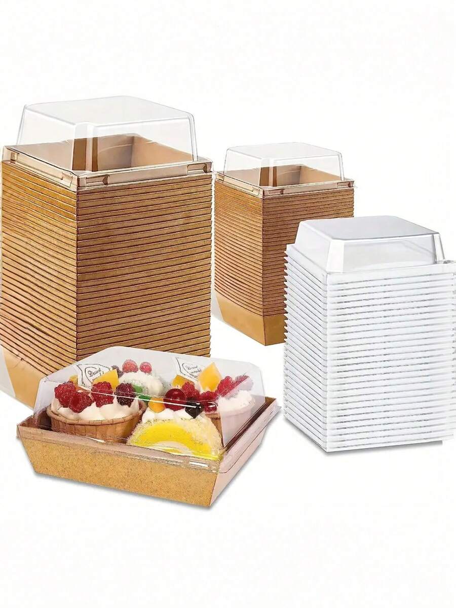 15pcs, Brown Rectangular Box With Transparent Lid, Used For Cake Baking
