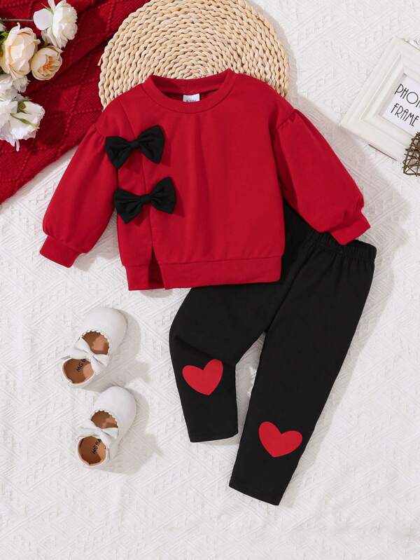 Conjunto de 2 piezas de sudadera con lazo rojo y pantalones negros para bebé niña, otoño invierno