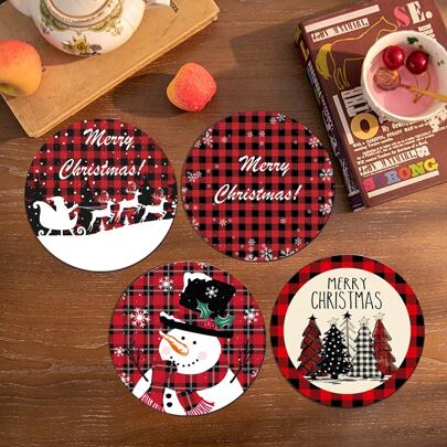 SET Of 6 Christmas Themed Diatomite Coasters For Drinks, Tea & Coffee Mugs With Vintage Red Plaid Design, Perfect For Home & Restaurant Decor, Holiday Gift Essentials, Christmas Party Decor