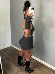 Women's 2 Piece Sets Raw Trim Halter Knit Top & Knit Skirt & Arm Sleeves - Black - View 3