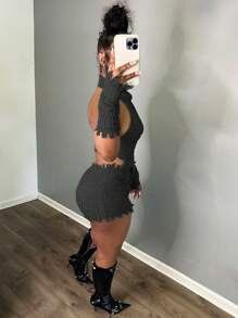 Women's 2 Piece Sets Raw Trim Halter Knit Top & Knit Skirt & Arm Sleeves - Black - View 2