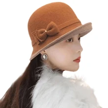 1PC 千鸟格蝴蝶结毡软呢帽爵士帽冬季新款奢华品牌女士渔夫帽户外保暖天鹅绒格子优雅时尚羊绒羊毛盆地毛绒渔夫帽巴拿马帽批发蝴蝶结 - 千鳥格 - 查看 5