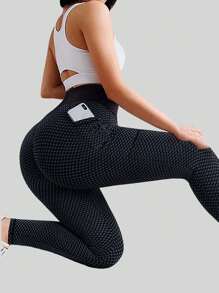瑜伽基础跑步健身高弹宽腰带运动紧身裤提臀蜂窝高腰女士瑜伽裤长款黑色夏季 - 黑色 - 查看 3