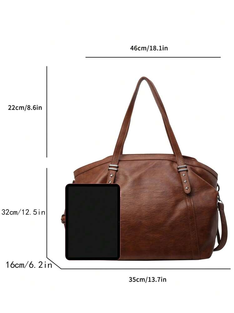 Sac à bandoulière et grande capacité  doux pour les déplacements occasionnels, couleur unie rétro, décoré d'étoiles cloutées, sac à main style casual pour femmes, convient pour les sorties quotidiennes, les rendez-vous, le shopping, les trajets professionnels, sac vintage inspiré du rétro pour femmes - Tabac - Voir 8