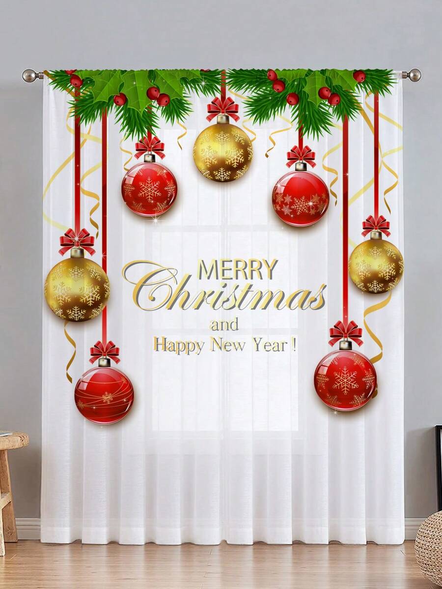 1pc Christmas Snowflake, Gold Balloon Sheer Curtain Decor For Living Room, Bedroom - Multicolor - View 1