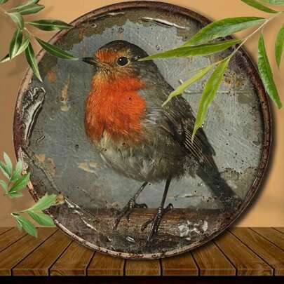 1pc Vintage Red Breasted Robin Metal Sign - 20cm Round Wall Decor, Suitable For Home, Bar, Garage And Garden | Durable Metal Poster Suitable For All Seasons, Random Hole Positions On Top, Bottom, Left And Right