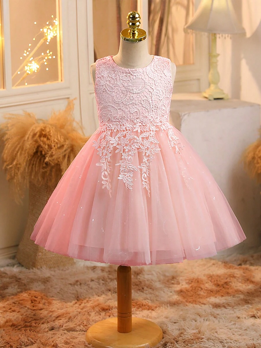 Girls' Pink Princess Dress, Round Neck Applique Mesh Contrast Sleeveless Dress, Suitable For Birthday Party, Prom, Flower Girl Wedding, Casual Daily Wear, Music Performance Stage, Very Cute And Popular Girls Dress