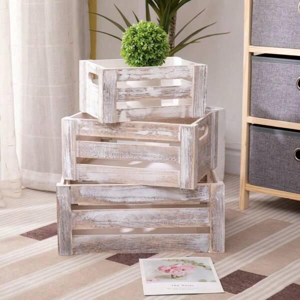 1/3PCS Natural Rusty White Decorative Wood Crates Nesting Crates Storage Container,Rustic Wooden Crates For Storage, Display, Decor, Boxes