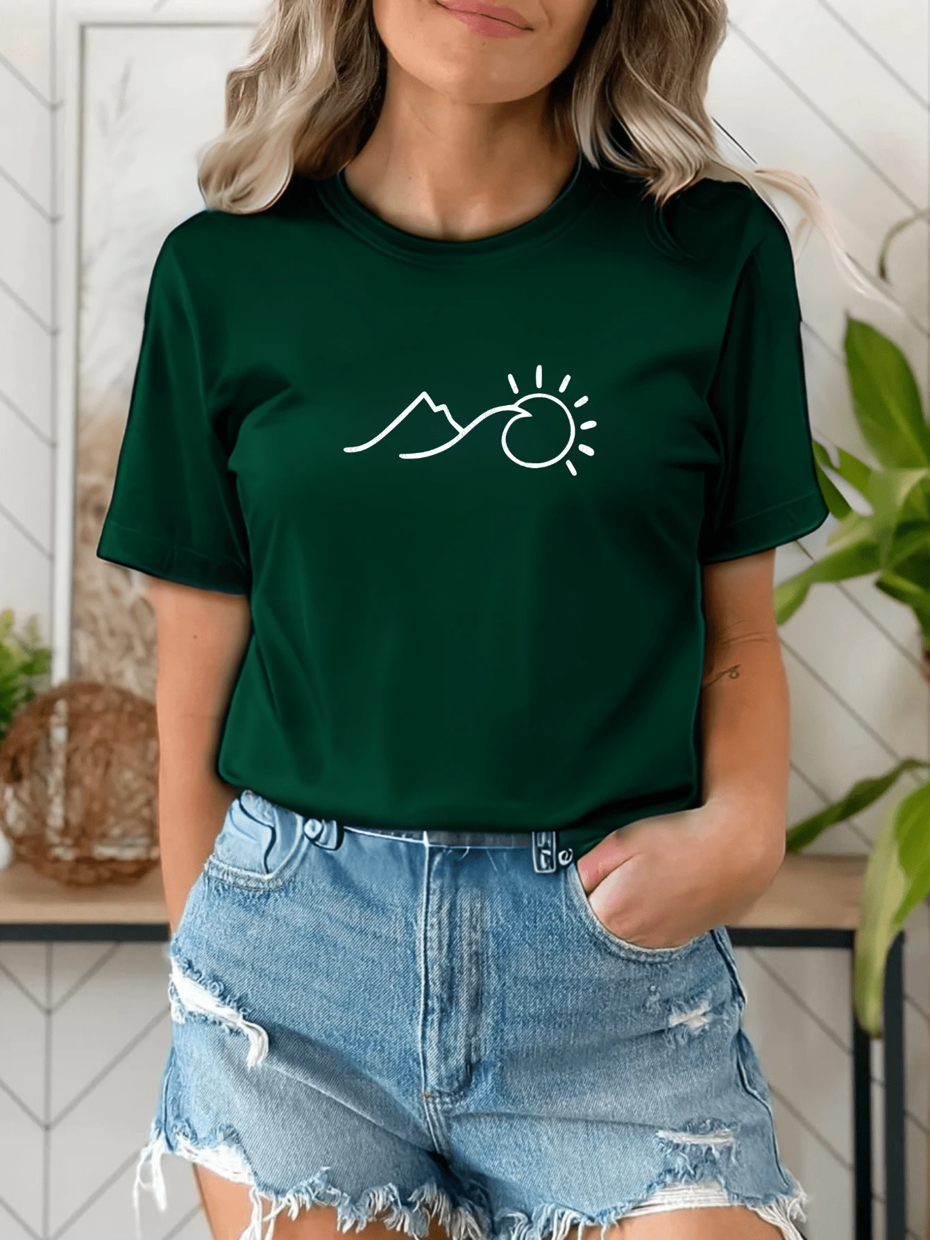 Women's Casual T-Shirt Ocean Sea Waves Sunset Beach Cotton Premium Mesh Promotion - 軍綠色 - 查看 1