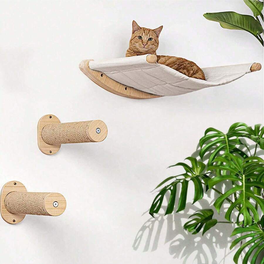 1pc Natural Wooden WallMounted Cat Hammock, 2Tier Cat Climbing Tree
