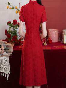 旗袍新娘订婚礼服，短款女士返乡装，休闲婚礼服中式礼服 - 紅色 - 查看 2