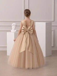 少女金色蝴蝶结V领圣诞派对礼服，优雅公主裙，适合女孩生日派对、婚礼伴娘、舞会、感恩节、毕业典礼等场合。 - 金色 - 查看 5