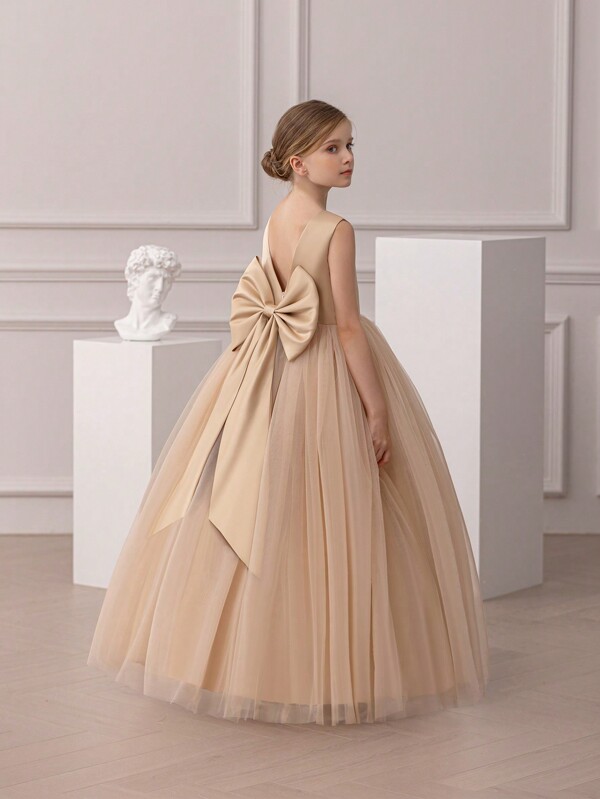 Vestido de princesa con cuello en V y lazo para niñas preadolescentes, adecuado para fiesta del Día de San Valentín, cumpleaños, boda, cosplay, ocasiones formales y celebraciones festivas