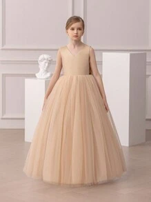 少女金色蝴蝶结V领圣诞派对礼服，优雅公主裙，适合女孩生日派对、婚礼伴娘、舞会、感恩节、毕业典礼等场合。 - 金色 - 查看 2