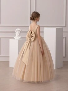 少女金色蝴蝶结V领圣诞派对礼服，优雅公主裙，适合女孩生日派对、婚礼伴娘、舞会、感恩节、毕业典礼等场合。 - 金色 - 查看 3