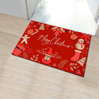 1pc Christmas Entrance Mat, Non-Slip Absorbent Rectangular Carpet, Long Plush Xmas Style Doormat