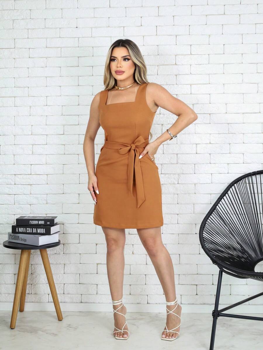 Thick Strap Dress With Bow - Camel - View 1