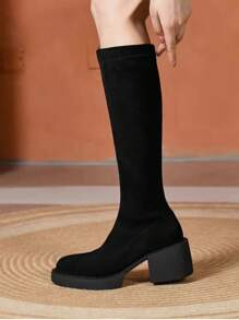 Overknee-Stiefel für Damen, Neu Herbst/Winter 2024, Runder Zehenbereich, Plateauabsatz, Stretch-Stoff Stiefel