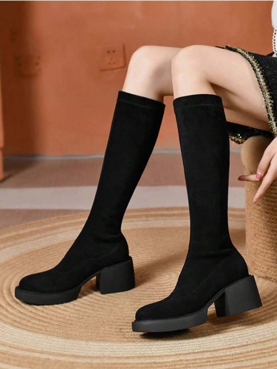 Overknee-Stiefel für Damen, Neu Herbst/Winter 2024, Runder Zehenbereich, Plateauabsatz, Stretch-Stoff Stiefel