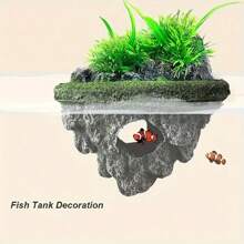 Multi-Use Aquarium Floating Island Decor With Artificial Greenery - ABS Floating Rock With Shelter For Fish, Scenery Rockery For Fish Tank Landscaping