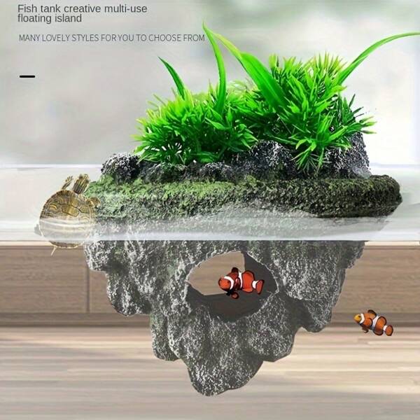 Multi-Use Aquarium Floating Island Decor With Artificial Greenery - ABS Floating Rock With Shelter For Fish, Scenery Rockery For Fish Tank Landscaping