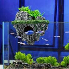 Multi-Use Aquarium Floating Island Decor With Artificial Greenery - ABS Floating Rock With Shelter For Fish, Scenery Rockery For Fish Tank Landscaping