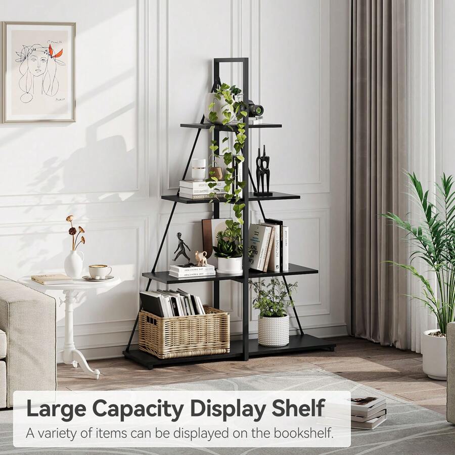 Bookcase, 4-Tier Ladder Bookshelf, A-Shaped Ladder Shelf Display, Ladder Shelf Storage Organizer For Living Room, Home Office - 黑色 - 查看 1