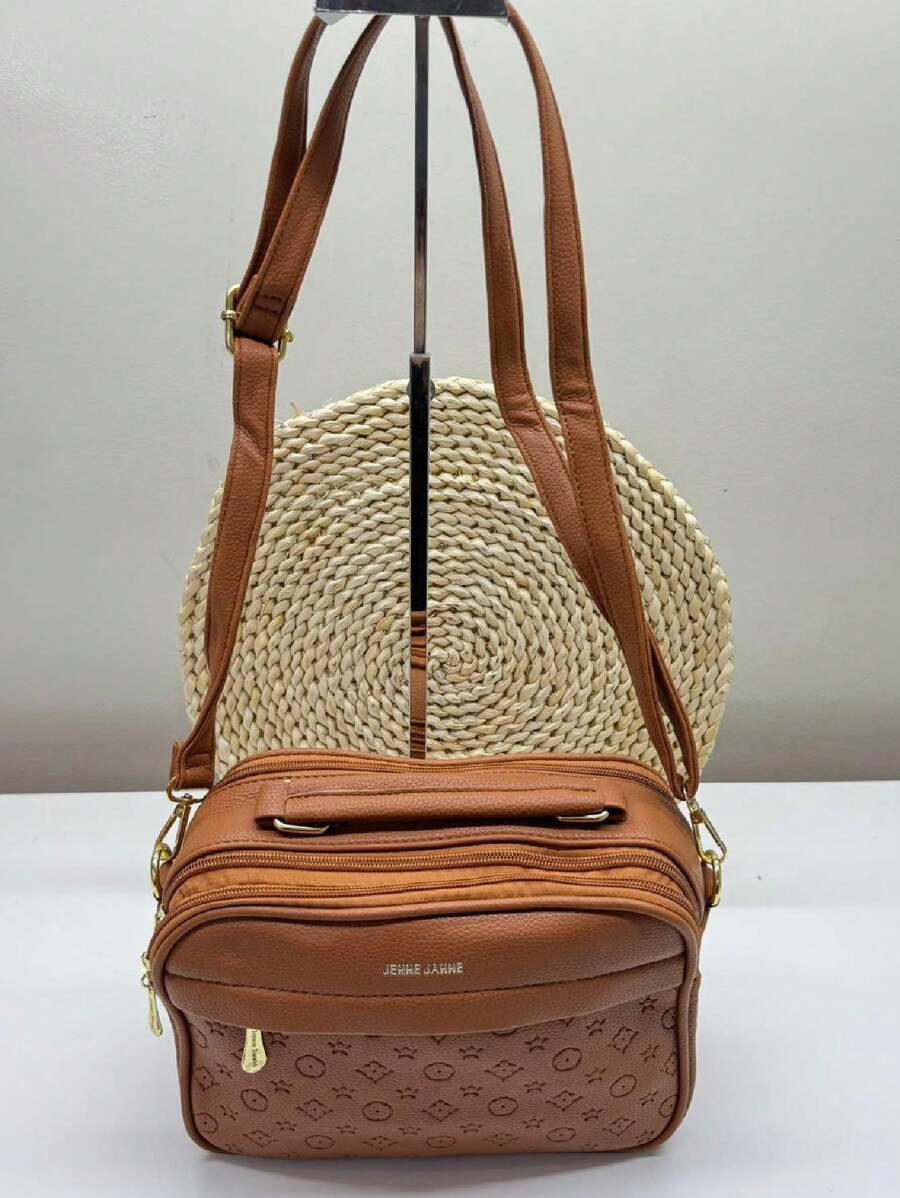 Women's Crossbody And Shoulder Bag For General And Casual Events. Medium-Sized Model, Spacious, Elegant And With Embossed Details, Zippers And Gold Hooks - Camel - View 1