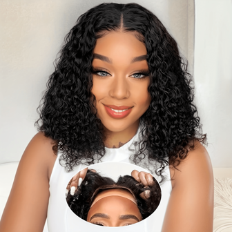 Wear And Go Glueless Bob Wig Human Hair Pre Plucked Pre Cut 4x4 Deep Curly Lace Front Wigs Human Hair For Women No Glue Upgraded Glueless Short Curly Bob Human Hair Wig 180% Density