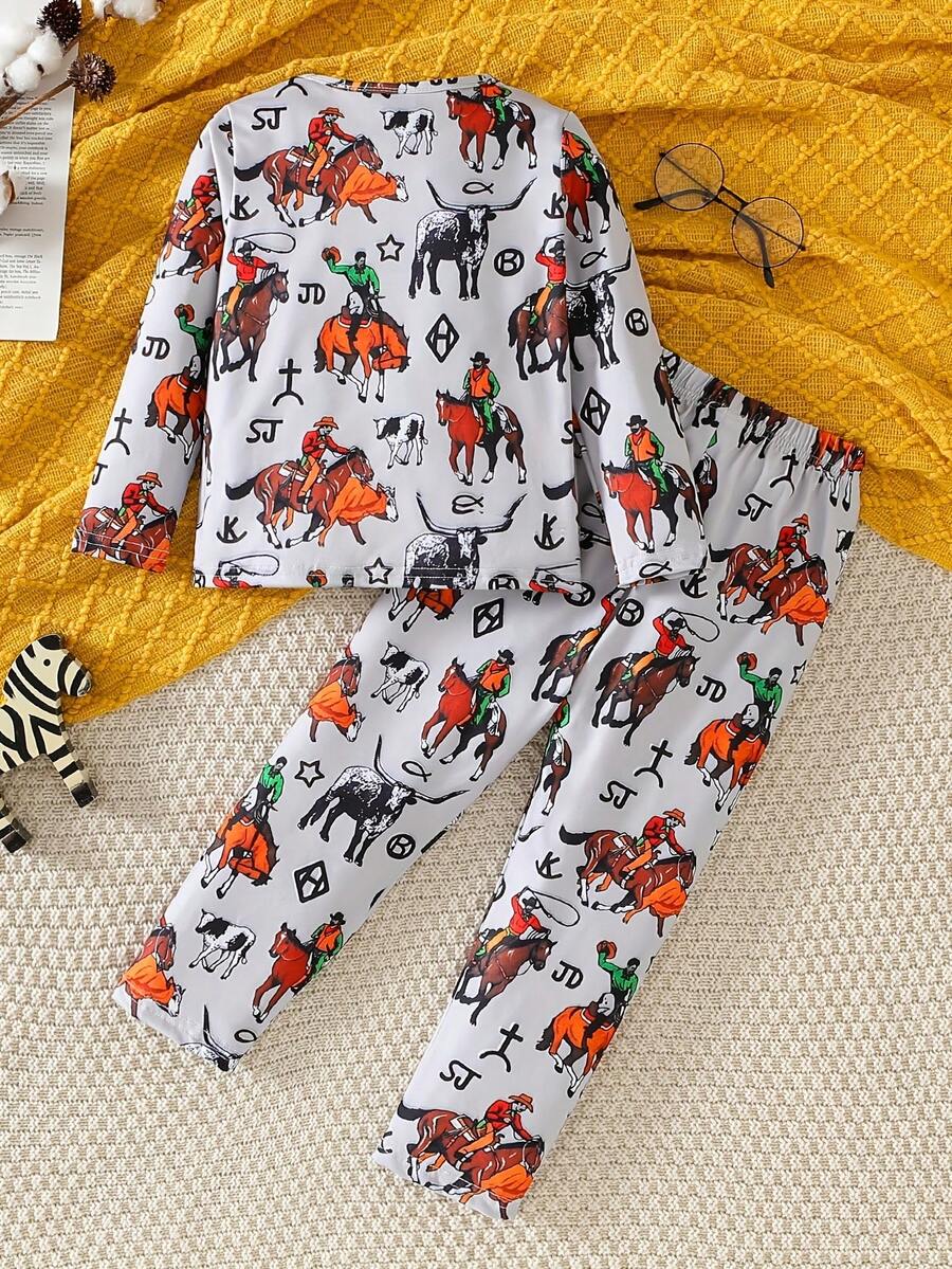 Conjunto de pijama informal de 2 piezas con estampado gráfico de toro y caballo para niños pequeños 2024, ropa de estar en casa para niños - Gris Claro - Ver 1