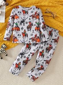 Conjunto de pijama informal de 2 piezas con estampado gráfico de toro y caballo para niños pequeños 2024, ropa de estar en casa para niños - Gris Claro - Ver 2