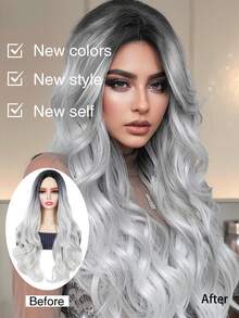 Lange gewellte synthetische Perücke 66 cm Farbverlauf Silber-Grau Perücken für Frauen mit Mittelscheitel, mit schwarzen Wurzeln, natürlich aussehend, hitzebeständig für Alltag, Party, Halloween, Cosplay, Weihnachten, Feiern usw.