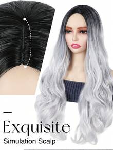 Lange gewellte synthetische Perücke 66 cm Farbverlauf Silber-Grau Perücken für Frauen mit Mittelscheitel, mit schwarzen Wurzeln, natürlich aussehend, hitzebeständig für Alltag, Party, Halloween, Cosplay, Weihnachten, Feiern usw.