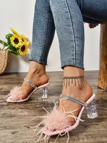 2024 年夏季新款性感绑带高跟鞋，粉色羽毛装饰透明粗跟鞋，女士优雅粗跟凉鞋 - 粉色 - 查看 3