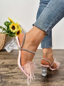 2024 年夏季新款性感绑带高跟鞋，粉色羽毛装饰透明粗跟鞋，女士优雅粗跟凉鞋 - 粉色 - 查看 7