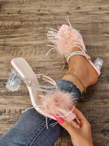 2024 年夏季新款性感绑带高跟鞋，粉色羽毛装饰透明粗跟鞋，女士优雅粗跟凉鞋 - 粉色 - 查看 2