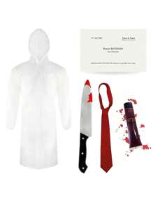 I LOVE FANCY DRESS 5pc Mens Psycho Halloween Costume Raincoat Business Card Fake Blood Tie And Fake Knife TV Movie Outfit Patrick Bateman Inspired American Psycho - 白色 - 查看 1