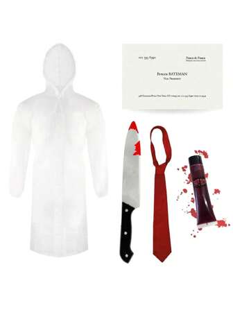 I LOVE FANCY DRESS 5pc Mens Psycho Halloween Costume Raincoat Business Card Fake Blood Tie And Fake Knife TV Movie Outfit Patrick Bateman Inspired American Psycho