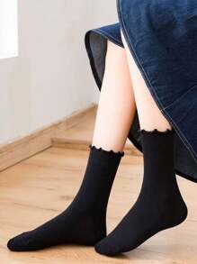 Women's Black Frill Trim Knee-High Socks