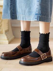 Women's Black Frill Trim Knee-High Socks