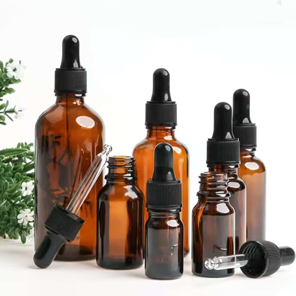 5pcs Amber Glass Dropper Bottles With Glass Dropper Dispenser, Suitable For Essential Oils, Aromatherapy, Perfume, Lab, Pharmaceuticals, Liquids, Travel, Glass Bottles With Glass Dropper, Portable Accessories Storage