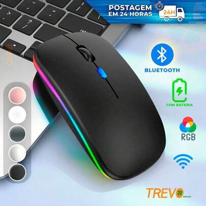 Mouse Sem Fio Wireless Recarregavel Led Rgb 2,4GHz Bluetooth Bateria Interna  Ergonômico Silencioso