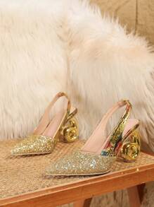 New Summer Pointed Toe Chunky Heel Dress Mules & Backless Sandals For Women - Gold - View 3