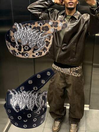 Cinturón vintage de estampado de leopardo con diseño hueco de doble anillo para hombres, estilo punk rockstar y ciberpunk con llamas, adecuado para uso diario y vacaciones, se adapta a sudaderas y Halloween, escuela, casual, negocios, novio, esposo, padre, regalo para hombres, uso diario, moda, adolescente, al aire libre, vacaciones, atlético, viaje, calle, bohemio, otoño vintage, otoño, accesorios de otoño-invierno de Halloween, adecuado para adolescentes, jóvenes, hombres, casual, al aire libre, atlético, vacaciones, regalos de graduación, cumpleaños, uso diario