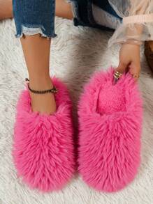 女士冬季毛绒拖鞋，舒适软底毛绒家居平底鞋，白色/橙色/玫瑰红，圣诞节，蓬松拖鞋 - 玫紅色 - 查看 2