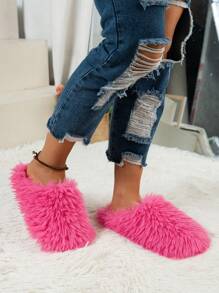 女士冬季毛绒拖鞋，舒适软底毛绒家居平底鞋，白色/橙色/玫瑰红，圣诞节，蓬松拖鞋 - 玫紅色 - 查看 4