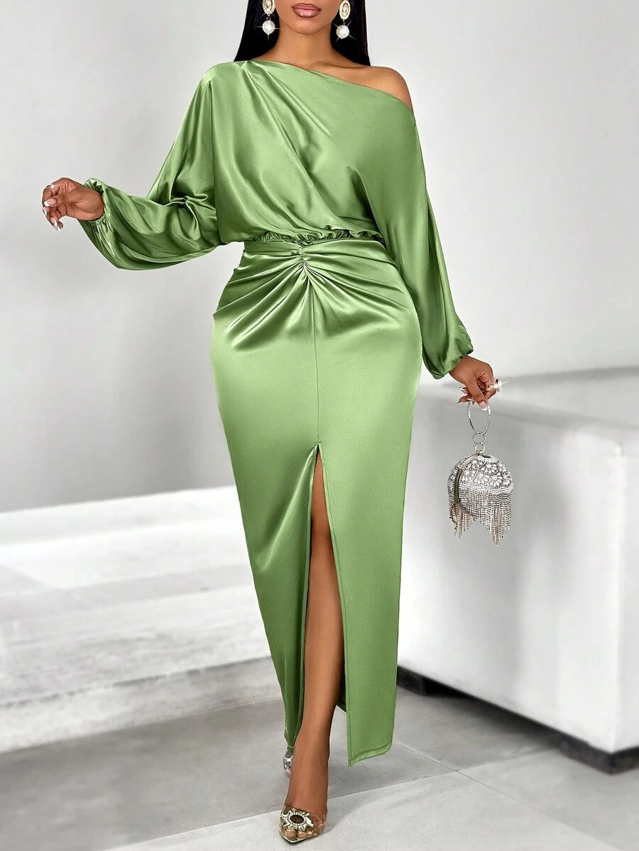 AIJ Đầm dự tiệc ôm sát cơ thể, màu trơn thanh lịch, lệch vai, thắt nút xoắn phía trước, xẻ tà cao của Amarilo dành cho nữ. - màu xanh lá - Xem 1