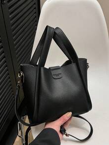 女士咖啡棕色手提包，新款手提包，适合通勤，时尚大容量单肩包 - 黑色 - 查看 6